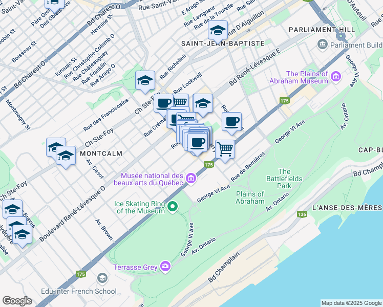map of restaurants, bars, coffee shops, grocery stores, and more near 1168 Avenue Cartier in Ville de Québec
