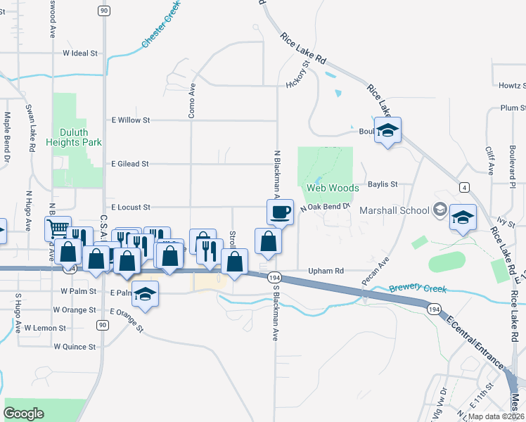 map of restaurants, bars, coffee shops, grocery stores, and more near 340 East Locust Street in Duluth