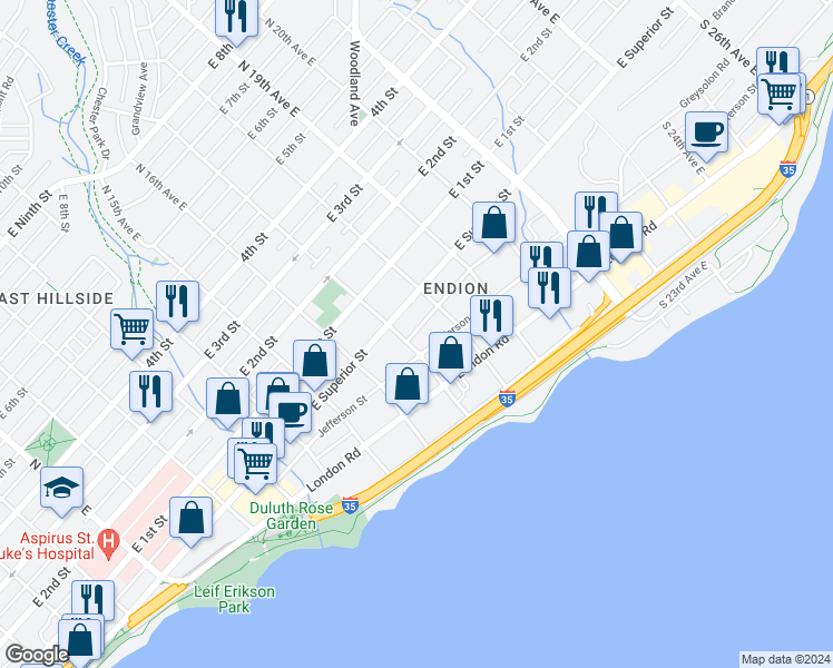 map of restaurants, bars, coffee shops, grocery stores, and more near 1708 Greysolon Road in Duluth