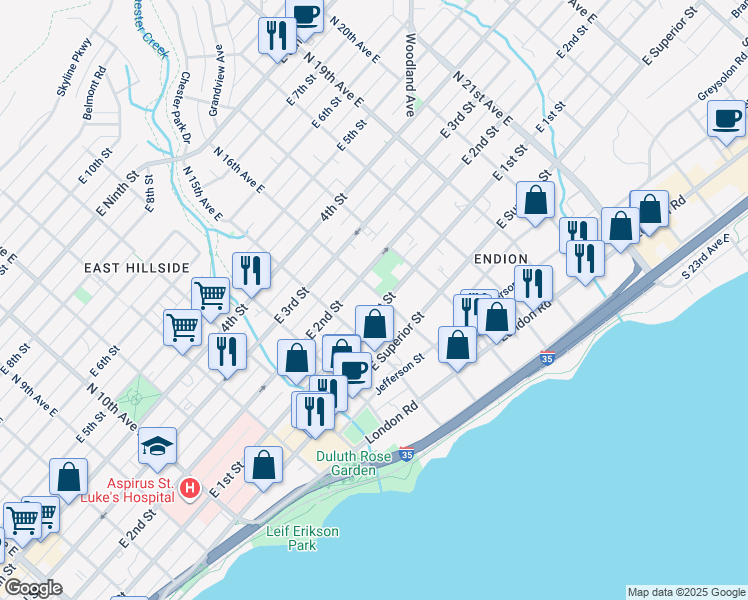 map of restaurants, bars, coffee shops, grocery stores, and more near 1522 East 2nd Street in Duluth