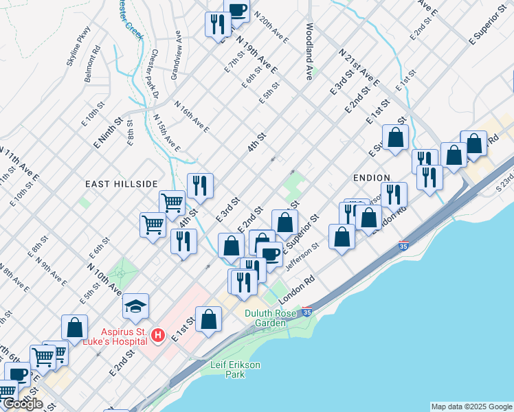 map of restaurants, bars, coffee shops, grocery stores, and more near 214 North 15th Avenue East in Duluth