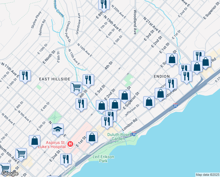 map of restaurants, bars, coffee shops, grocery stores, and more near 214 North 15th Avenue East in Duluth