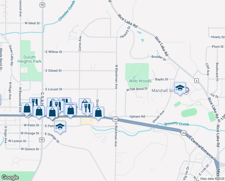map of restaurants, bars, coffee shops, grocery stores, and more near 340 East Locust Street in Duluth