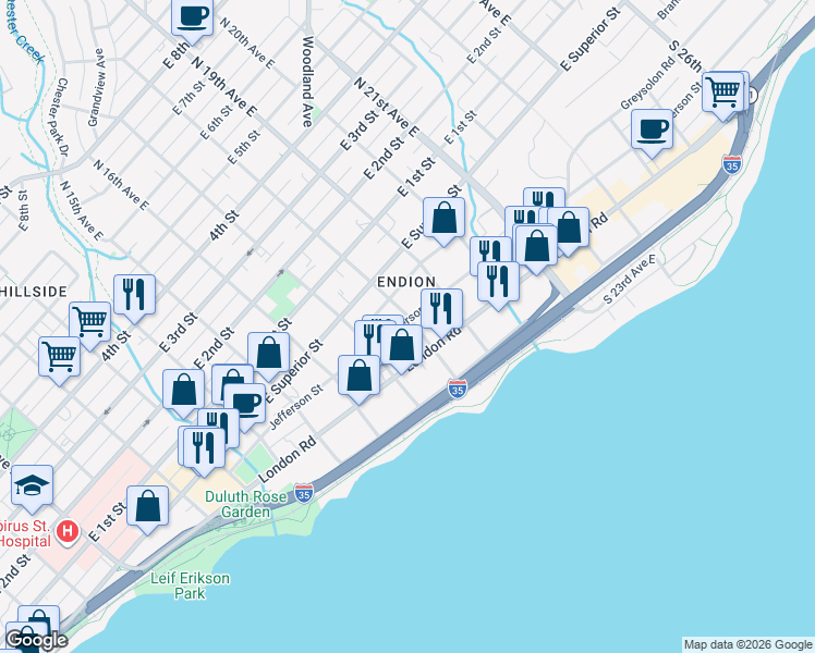 map of restaurants, bars, coffee shops, grocery stores, and more near 201 South 18th Avenue East in Duluth