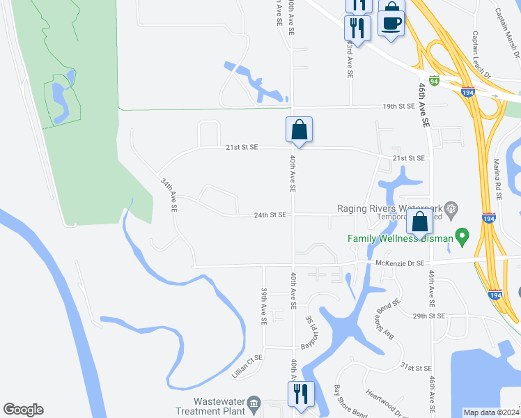 map of restaurants, bars, coffee shops, grocery stores, and more near 3910 24th Street Southeast in Mandan