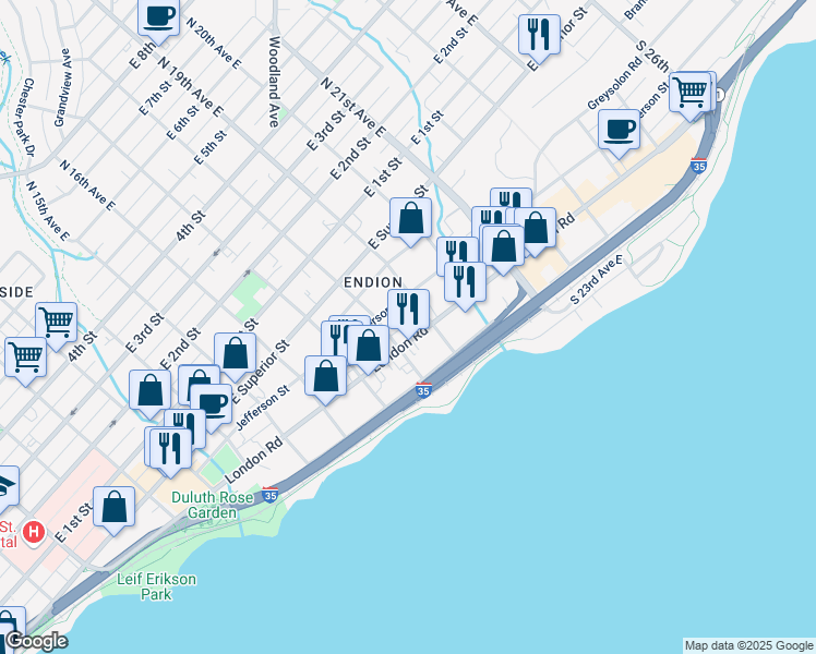 map of restaurants, bars, coffee shops, grocery stores, and more near 1811 London Road in Duluth
