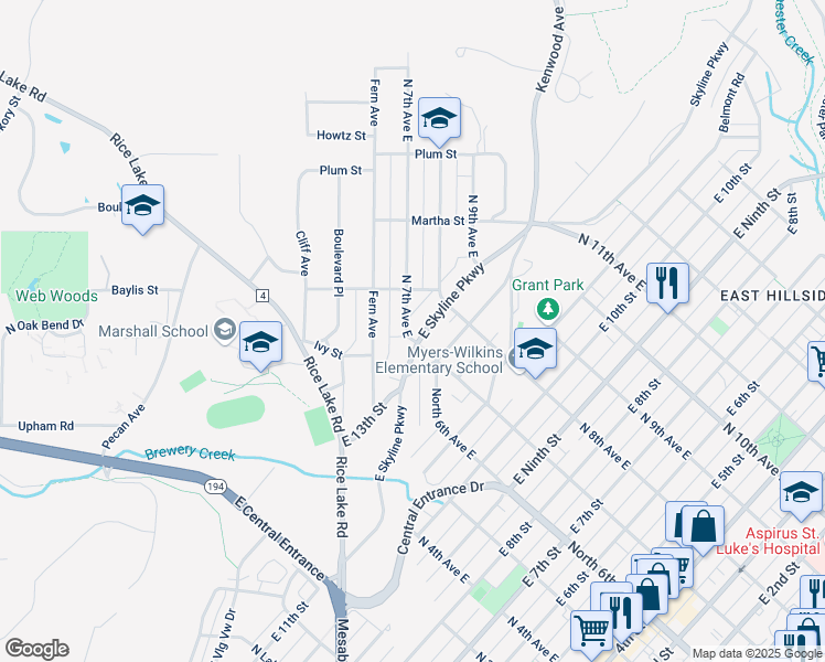 map of restaurants, bars, coffee shops, grocery stores, and more near 701 East Skyline Parkway in Duluth