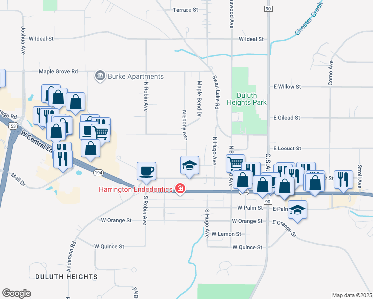 map of restaurants, bars, coffee shops, grocery stores, and more near 558 North Ebony Avenue in Duluth