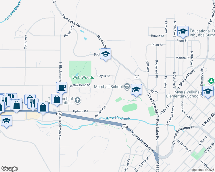 map of restaurants, bars, coffee shops, grocery stores, and more near 321 Wildwood Drive in Duluth