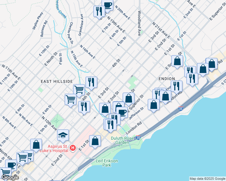 map of restaurants, bars, coffee shops, grocery stores, and more near 214 North 15th Avenue East in Duluth