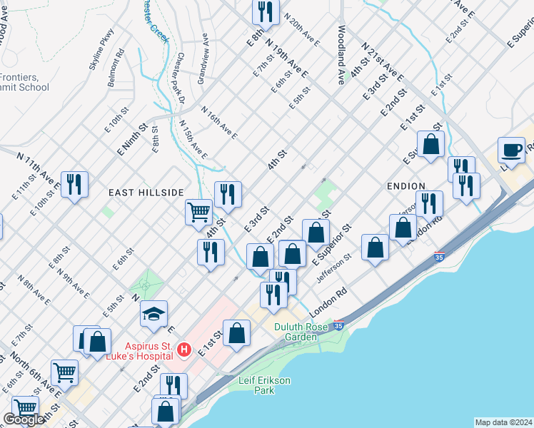 map of restaurants, bars, coffee shops, grocery stores, and more near 1428-1/2 East 3rd Street in Duluth