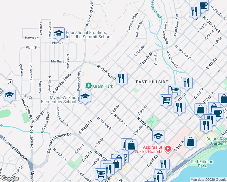 map of restaurants, bars, coffee shops, grocery stores, and more near 1007 East 9th Street in Duluth