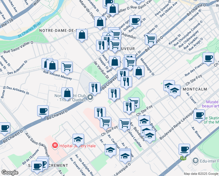 map of restaurants, bars, coffee shops, grocery stores, and more near 875 Boulevard Charest Ouest in Québec