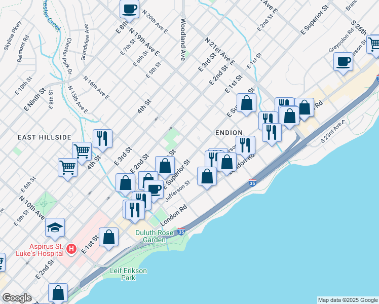 map of restaurants, bars, coffee shops, grocery stores, and more near 1629 East Superior Street in Duluth