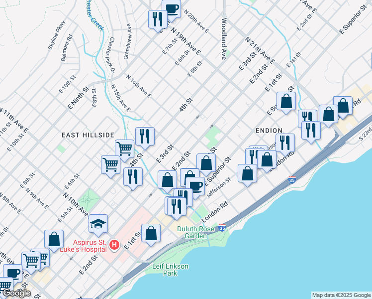map of restaurants, bars, coffee shops, grocery stores, and more near 214 North 15th Avenue East in Duluth