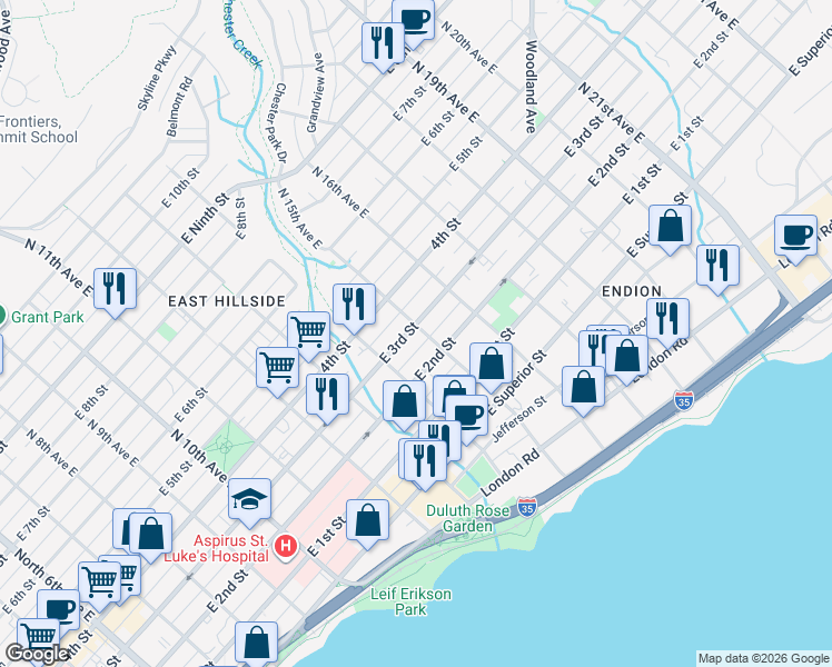 map of restaurants, bars, coffee shops, grocery stores, and more near 1430 East 3rd Street in Duluth