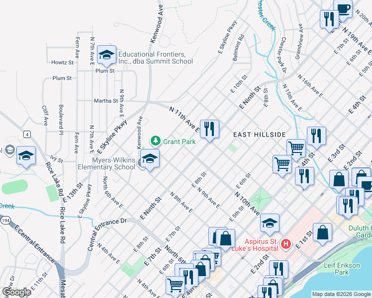 map of restaurants, bars, coffee shops, grocery stores, and more near 921 East 10th Street in Duluth
