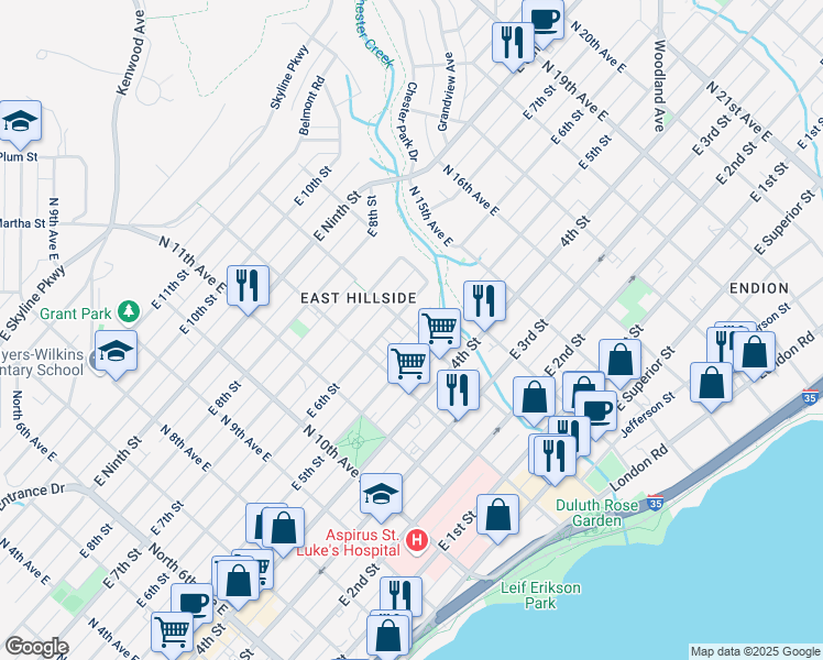 map of restaurants, bars, coffee shops, grocery stores, and more near North 13th Avenue East in Duluth