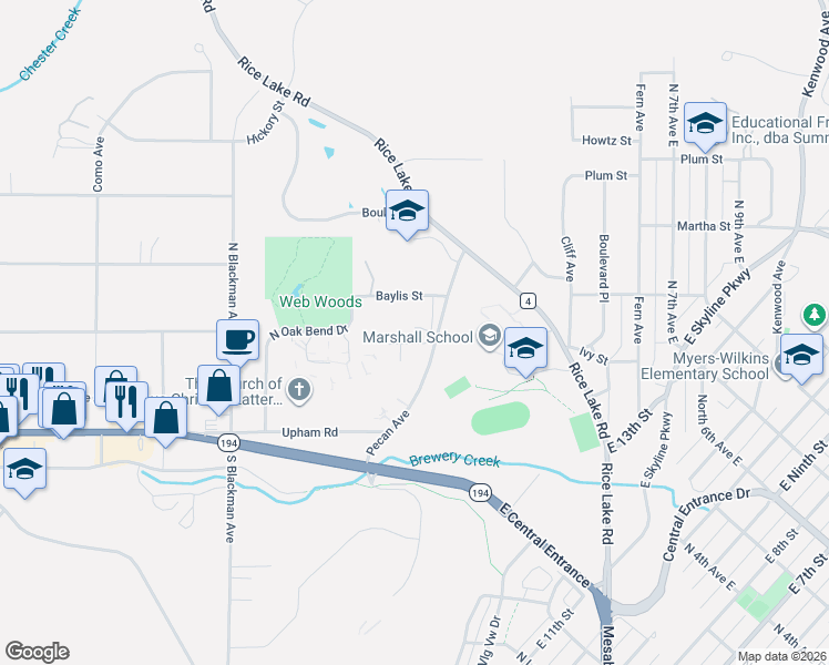 map of restaurants, bars, coffee shops, grocery stores, and more near 323 Wildwood Drive in Duluth