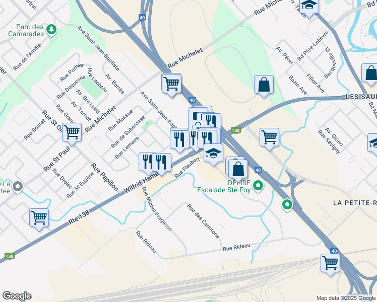 map of restaurants, bars, coffee shops, grocery stores, and more near 5160 Route 138 in Québec