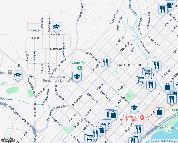 map of restaurants, bars, coffee shops, grocery stores, and more near 921 East 10th Street in Duluth