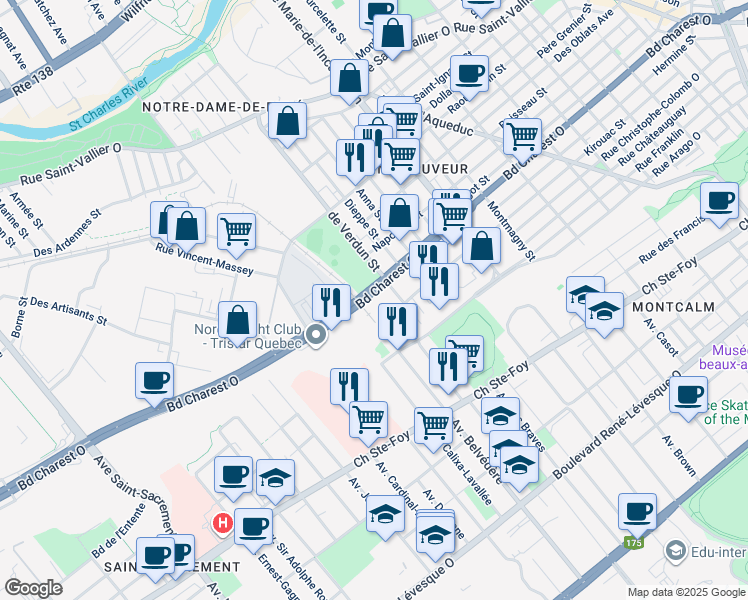 map of restaurants, bars, coffee shops, grocery stores, and more near 75 Boulevard Charest Ouest in Québec