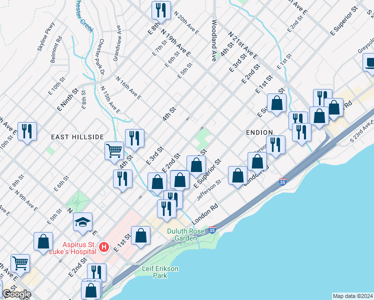 map of restaurants, bars, coffee shops, grocery stores, and more near 1522 East 2nd Street in Duluth