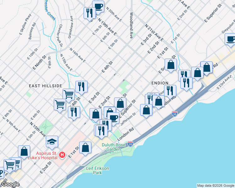 map of restaurants, bars, coffee shops, grocery stores, and more near 1522 East 2nd Street in Duluth