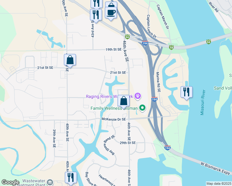 map of restaurants, bars, coffee shops, grocery stores, and more near 2441 Waterpark Loop SouthEast in Mandan