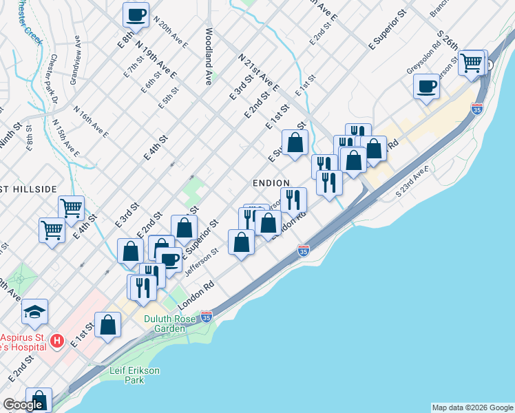 map of restaurants, bars, coffee shops, grocery stores, and more near 1708 Greysolon Road in Duluth