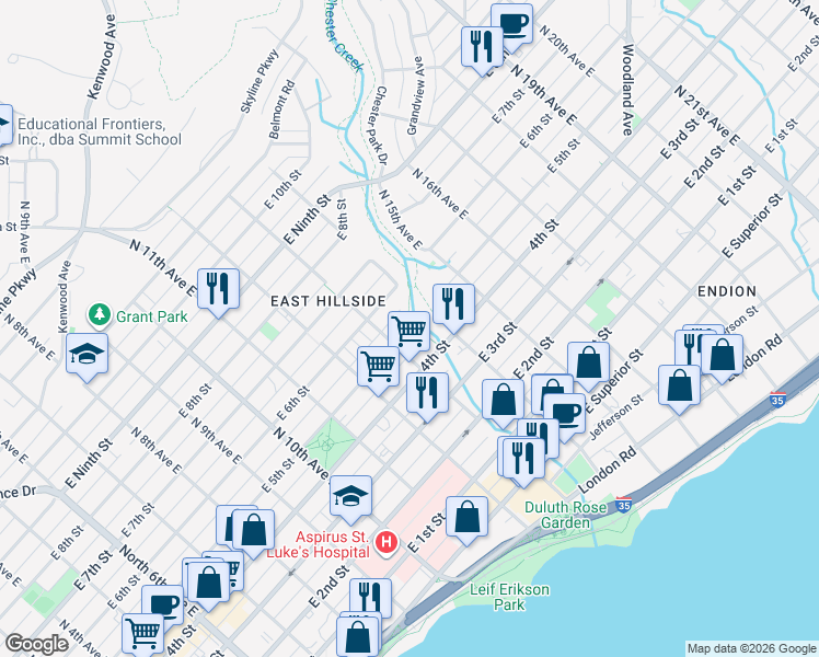 map of restaurants, bars, coffee shops, grocery stores, and more near 1312 East 5th Street in Duluth