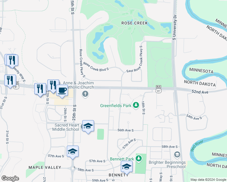 map of restaurants, bars, coffee shops, grocery stores, and more near 5212 Bishops Boulevard in Fargo