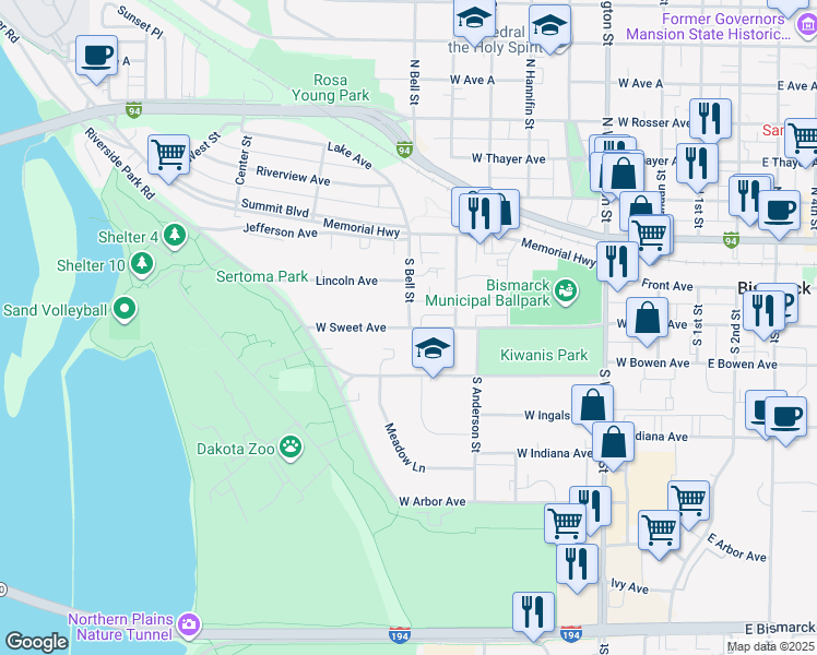 map of restaurants, bars, coffee shops, grocery stores, and more near 901 West Sweet Avenue in Bismarck