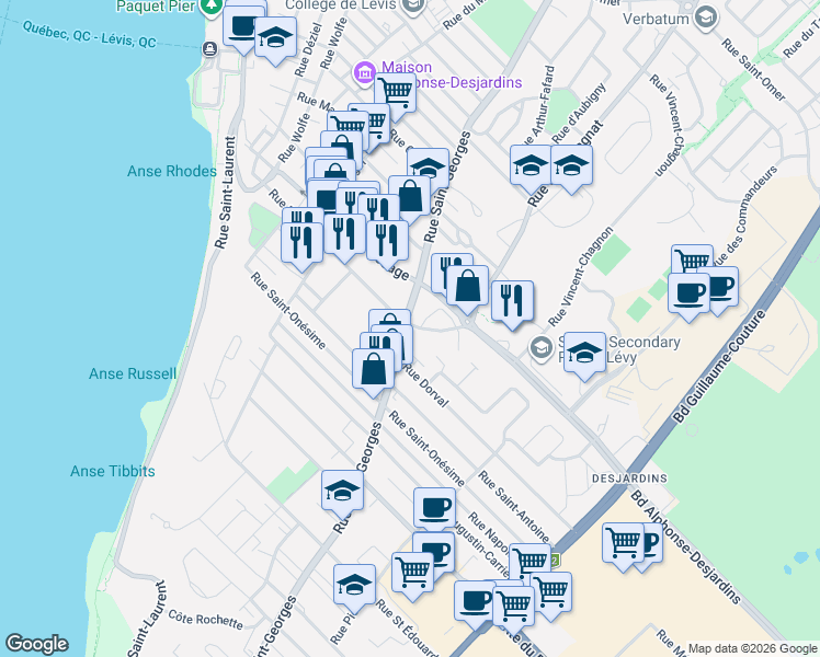 map of restaurants, bars, coffee shops, grocery stores, and more near 5838 Rue Saint-Georges in Lévis