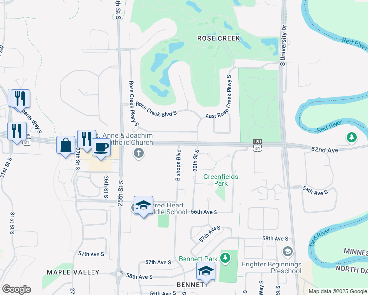 map of restaurants, bars, coffee shops, grocery stores, and more near 5212 Bishops Boulevard in Fargo