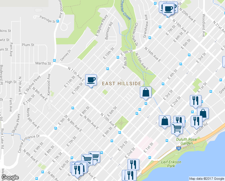 map of restaurants, bars, coffee shops, grocery stores, and more near 1131 East 7th Street in Duluth