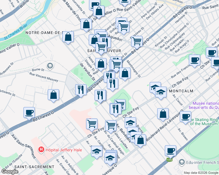 map of restaurants, bars, coffee shops, grocery stores, and more near 825 Rue Kirouac in Québec