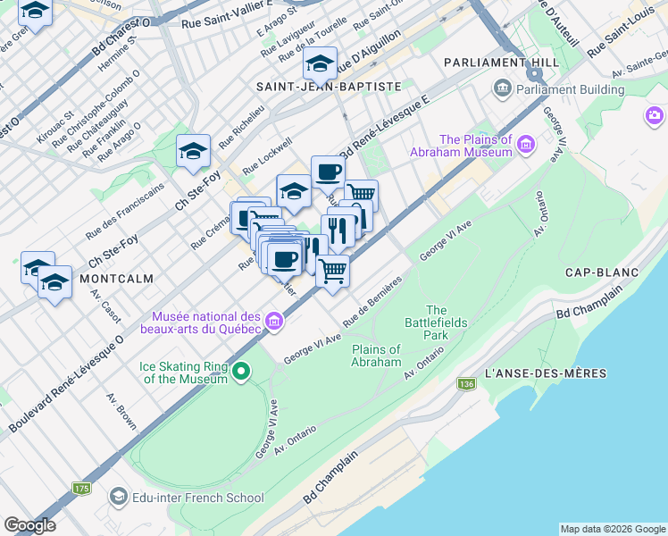 map of restaurants, bars, coffee shops, grocery stores, and more near 80 Grande Allée Est in Québec
