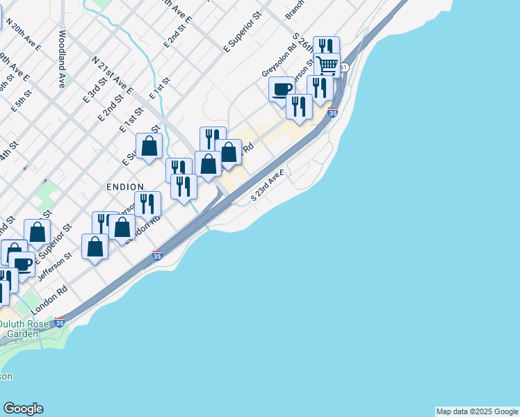 map of restaurants, bars, coffee shops, grocery stores, and more near 2126 East Water Street in Duluth