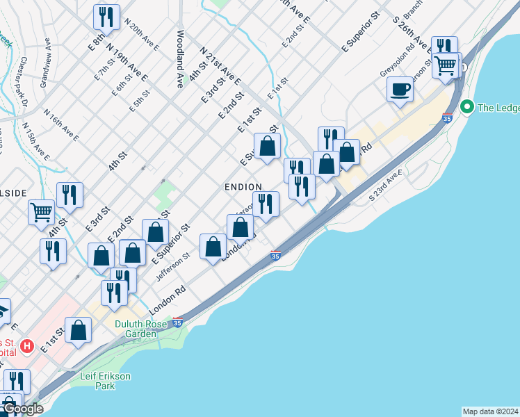 map of restaurants, bars, coffee shops, grocery stores, and more near 1811 London Road in Duluth