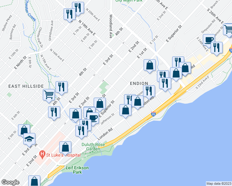 map of restaurants, bars, coffee shops, grocery stores, and more near 1629 East Superior Street in Duluth