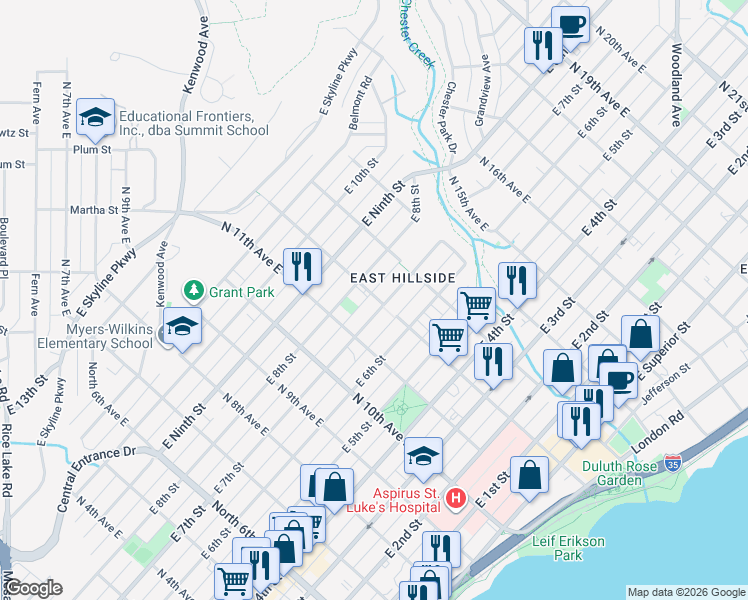 map of restaurants, bars, coffee shops, grocery stores, and more near 1131 East 7th Street in Duluth