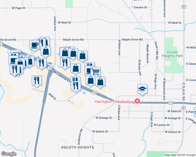 map of restaurants, bars, coffee shops, grocery stores, and more near 615 West Central Entrance in Duluth