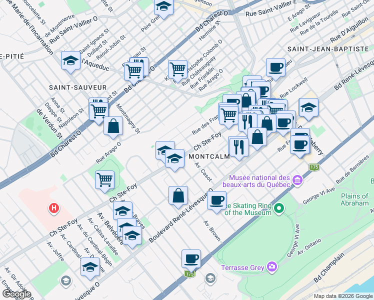 map of restaurants, bars, coffee shops, grocery stores, and more near 436 Chemin Sainte-Foy in Ville de Québec