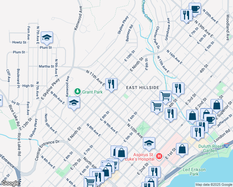 map of restaurants, bars, coffee shops, grocery stores, and more near 818 North 11th Avenue East in Duluth