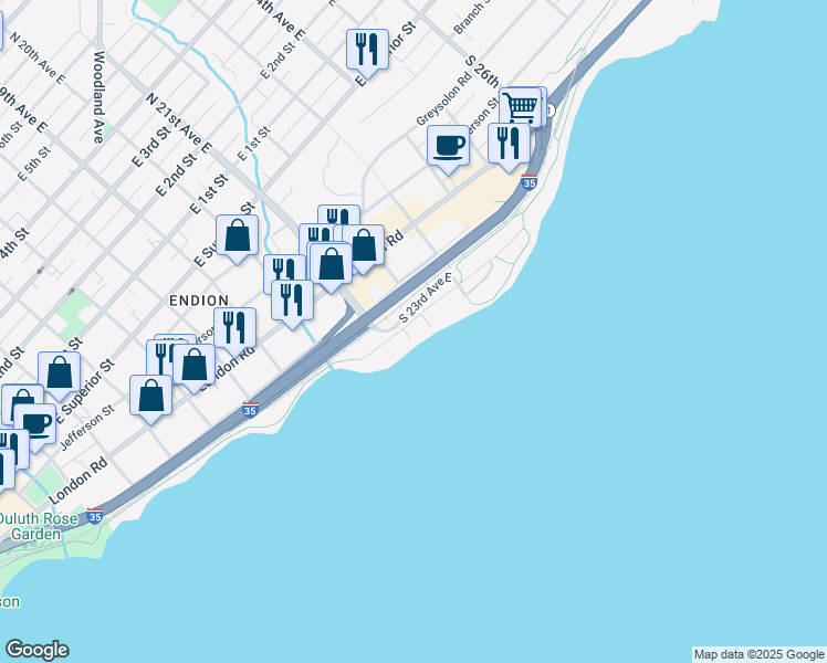 map of restaurants, bars, coffee shops, grocery stores, and more near 2126 East Water Street in Duluth