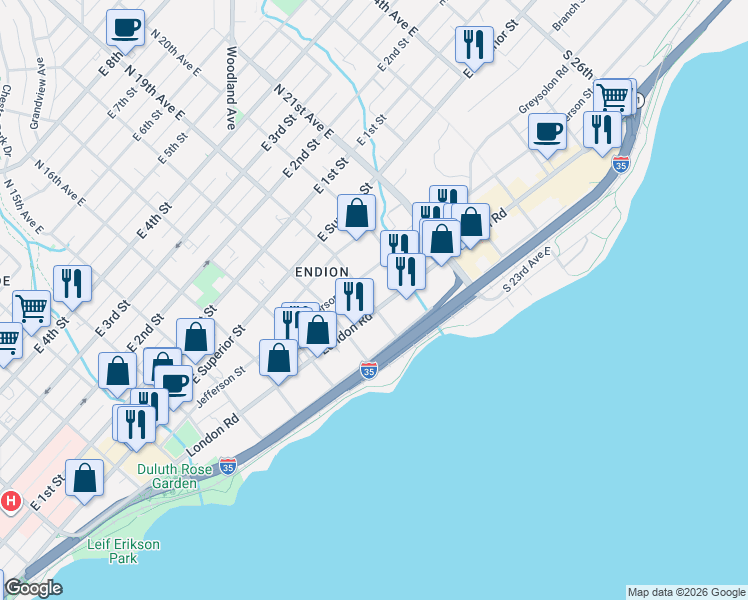 map of restaurants, bars, coffee shops, grocery stores, and more near 1910 London Road in Duluth