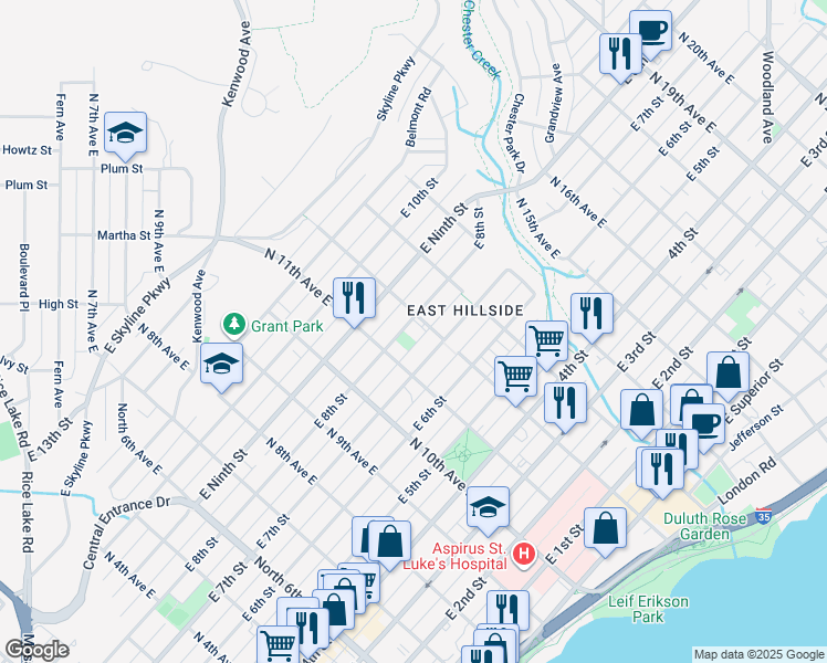 map of restaurants, bars, coffee shops, grocery stores, and more near in Duluth