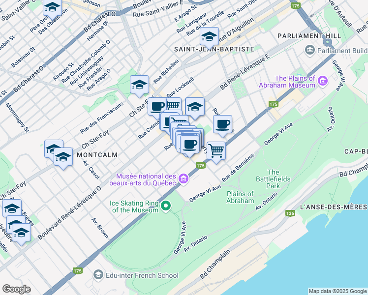 map of restaurants, bars, coffee shops, grocery stores, and more near 1135 Avenue Cartier in Quebec
