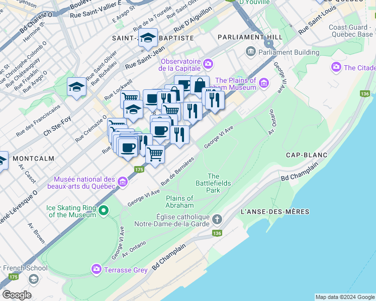 map of restaurants, bars, coffee shops, grocery stores, and more near 375 Wilfrid-Laurier Avenue in Québec City